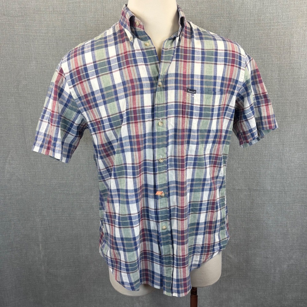 Faconnable Mens Medium Madras Plaid Short Sleeve Button Down Shirt‎ 100% Cotton